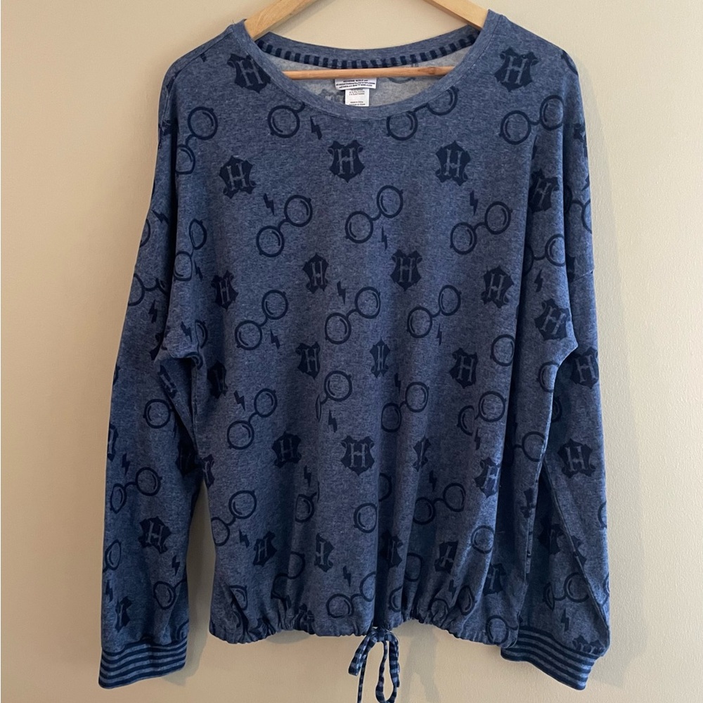 Wizarding World Harry Potter Long Sleeve Lounge Top Women XL Blue Cinch Tie Hem